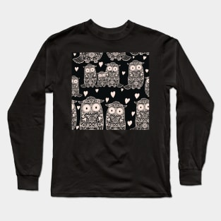 Folk Art Owls, Owlets and Hearts on Black Long Sleeve T-Shirt